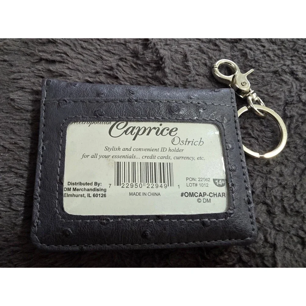 New CAPRICE Ostrich Grey Leather Keychain ID Holder WALLET Metropolitan NwoT